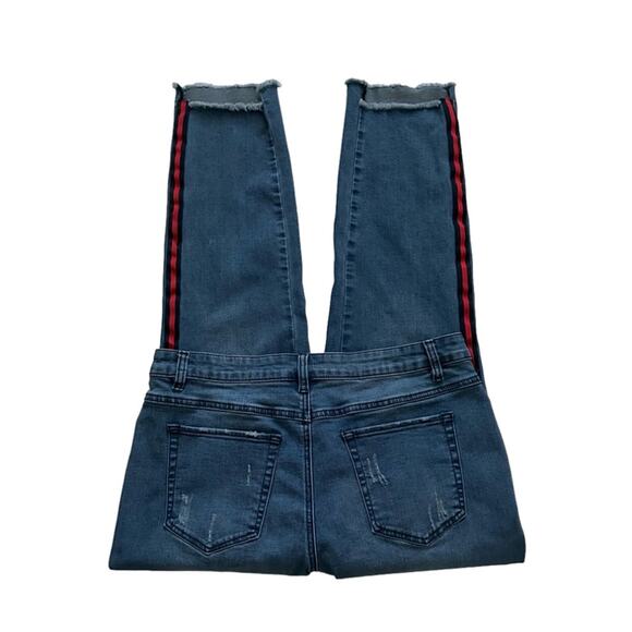 Tribal Jeans Distressed Stretch Raw Hem Side Red Stripe Ankle Jeans Size 12 - Picture 7 of 13